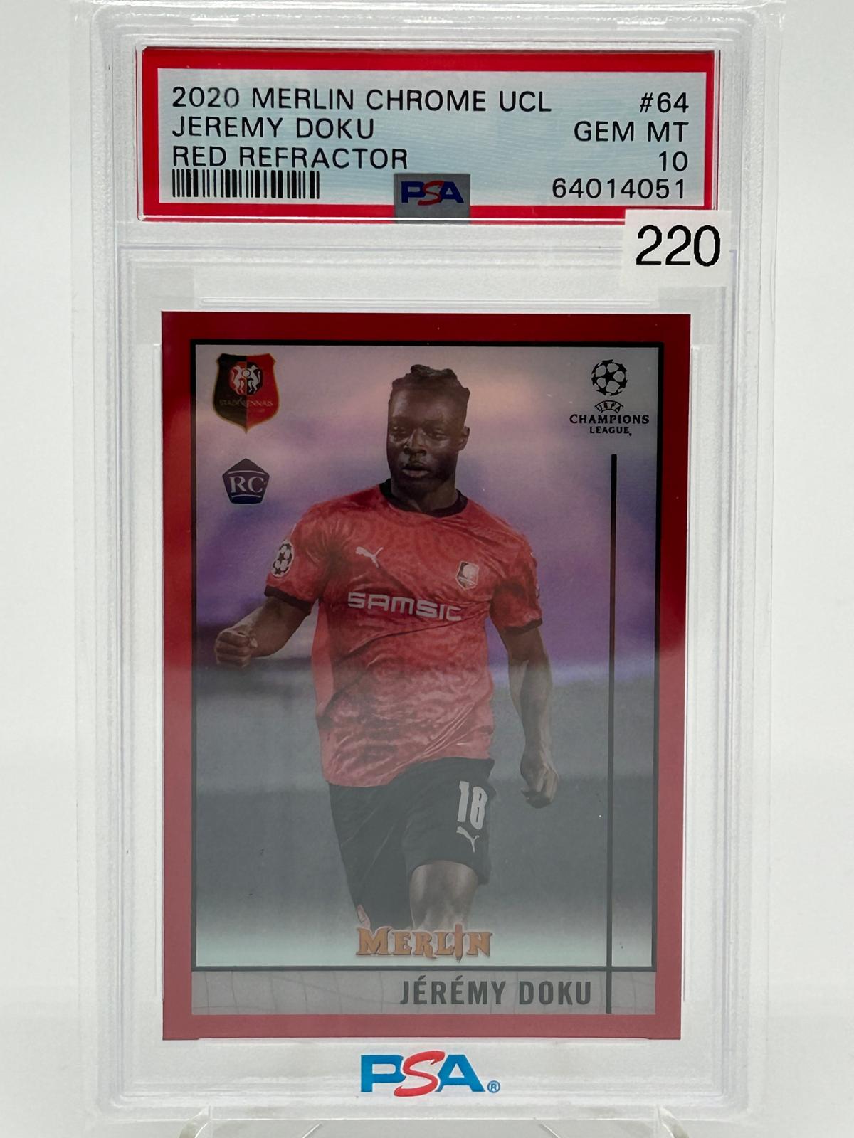 2020 Topps Merlin Chrome UCL Jeremy Doku Red Refractor /10 PSA 10 #64