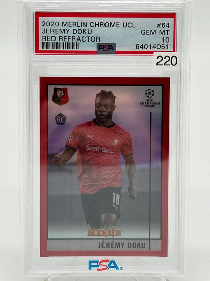 2020 Topps Merlin Chrome UCL Jeremy Doku Red Refractor /10 PSA 10 #64