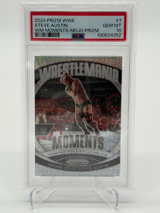 2024 Panini Prizm WWE Steve Austin Wrestlemania Moments Mojo Prizm 01/25 PSA 10