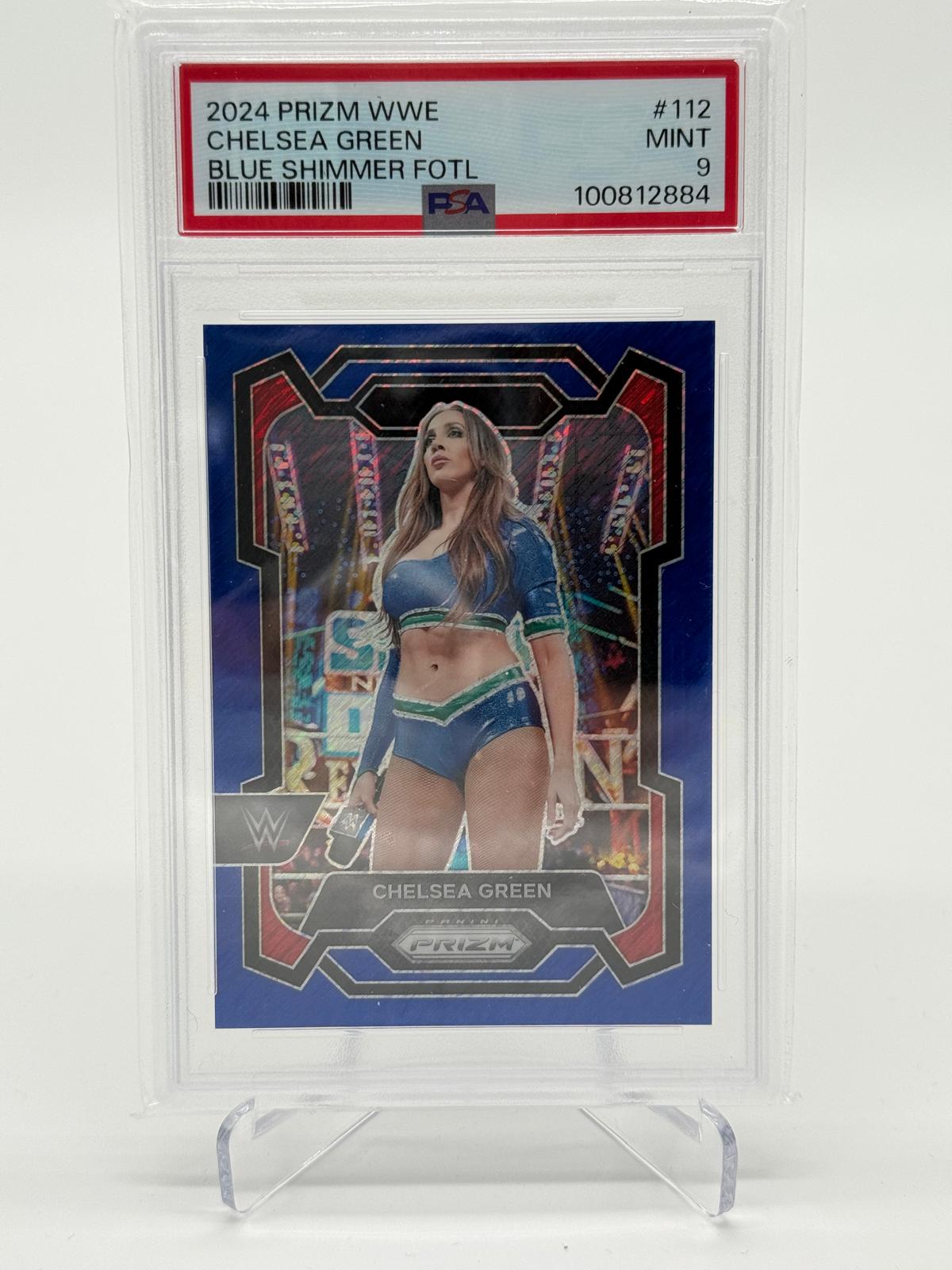 2024 Panini Prizm WWE Chelsea Green Blue Shimmer FOTL 01/11 PSA 9