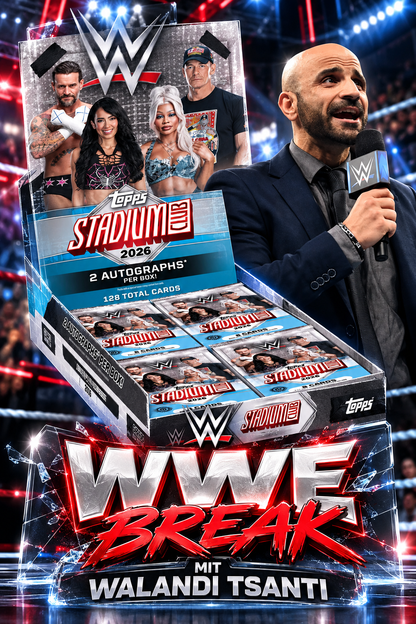 2026 Topps WWE Stadium Club – Hobby Box FULL CASE BREAK PYW#21 mit WWE Kommentator Walandi Tsanti am 28.10.2026