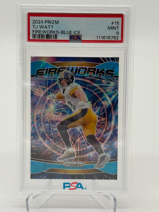 2024 Panini Prizm Tj Watt Fireworks-Blue Ice PSA 9 73/99 SP