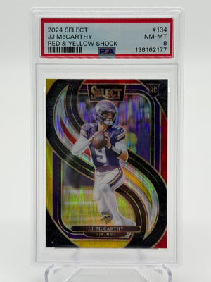 2024 Panini Select Football JJ McCarthy Red & Yellow Shock RC PSA 8 POP 1