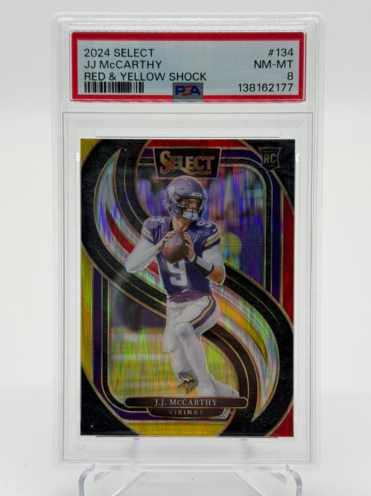 2024 Panini Select Football JJ McCarthy Red & Yellow Shock RC PSA 8 POP 1