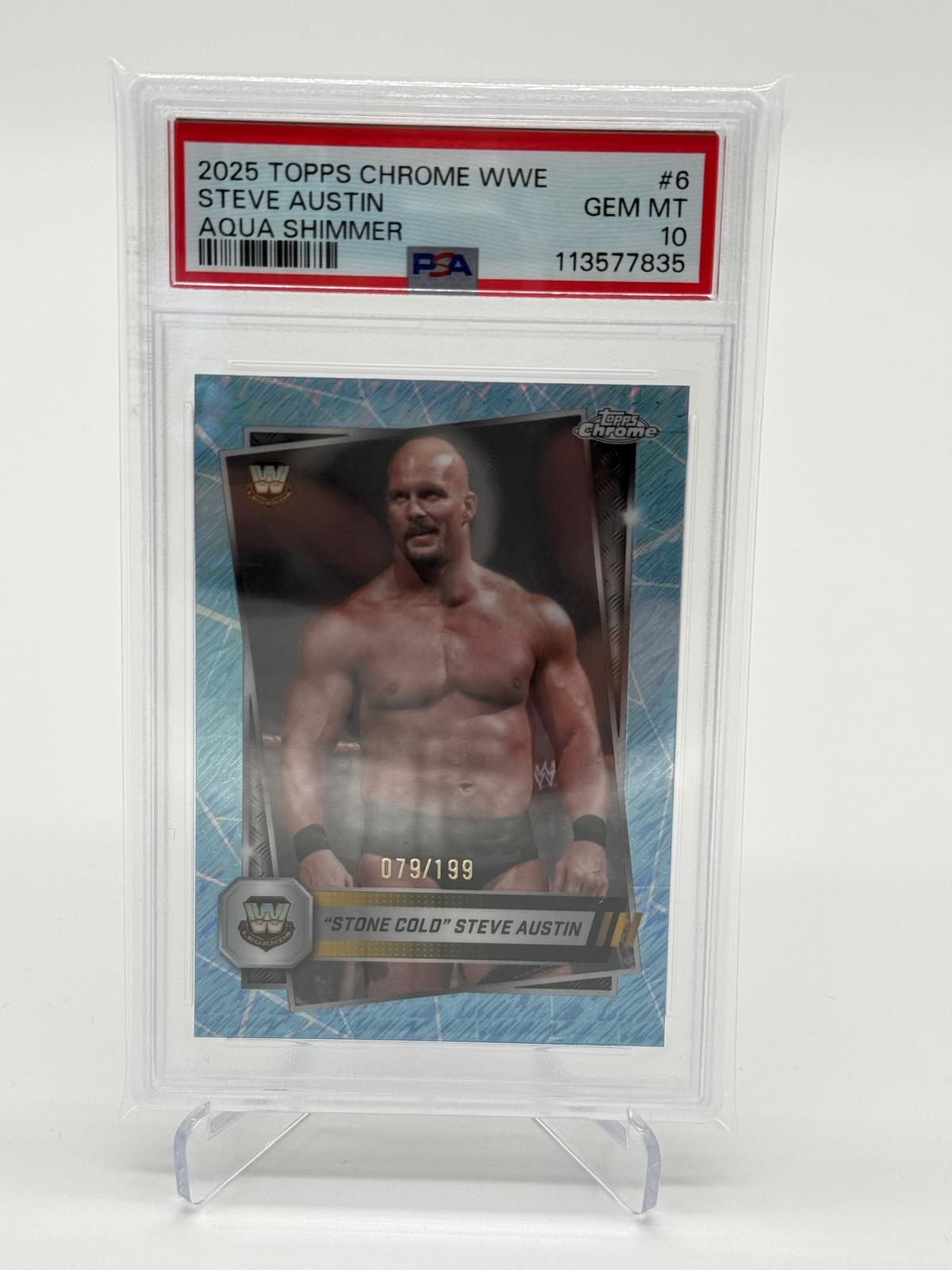 2025 Topps Chrome WWE Steve Austin Aqua Shimmer 079/199 PSA 10