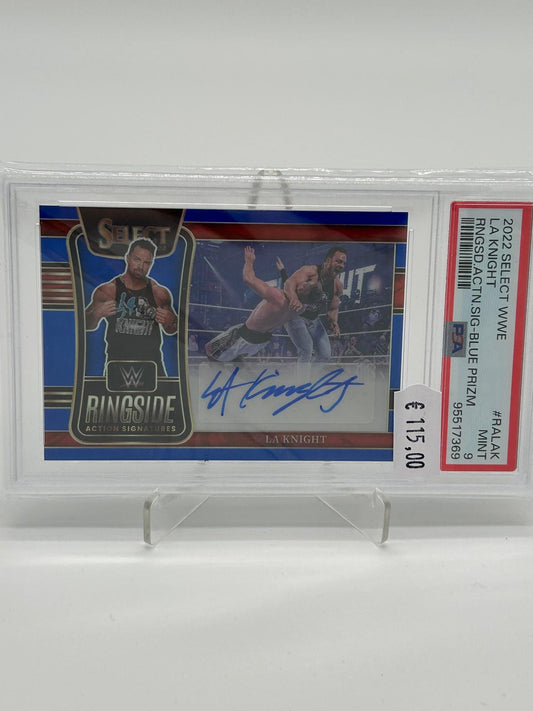 2022 Panini Select WWE LA Knight Ringside Action Signatures Blue Prizm /49 PSA 9