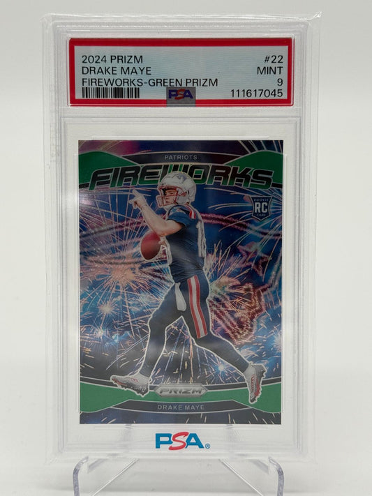 2024 Panini Prizm Drake Maye Fireworks RC Green Prizm PSA 9