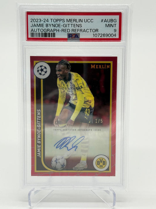 2023-24 Topps Merlin UCC Jamie Bynoe-Gittens Auto Red Refractor 1/5 PSA 9
