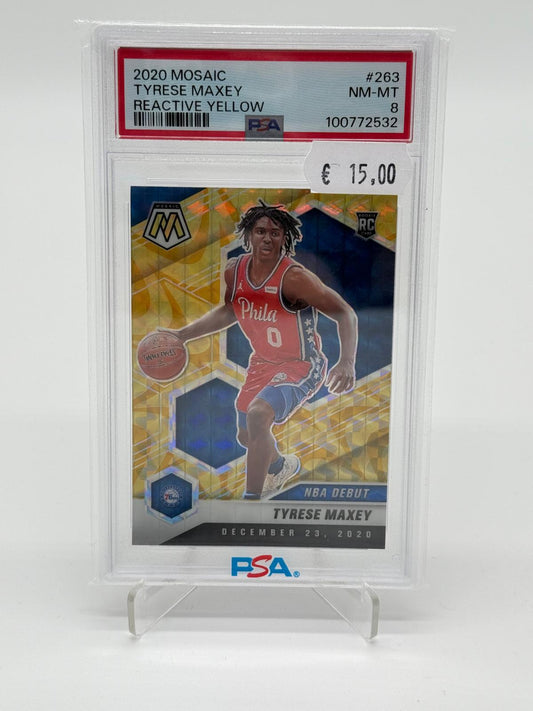 2020 Panini Mosaic Tyrese Maxey Reactive Yellow PSA 8