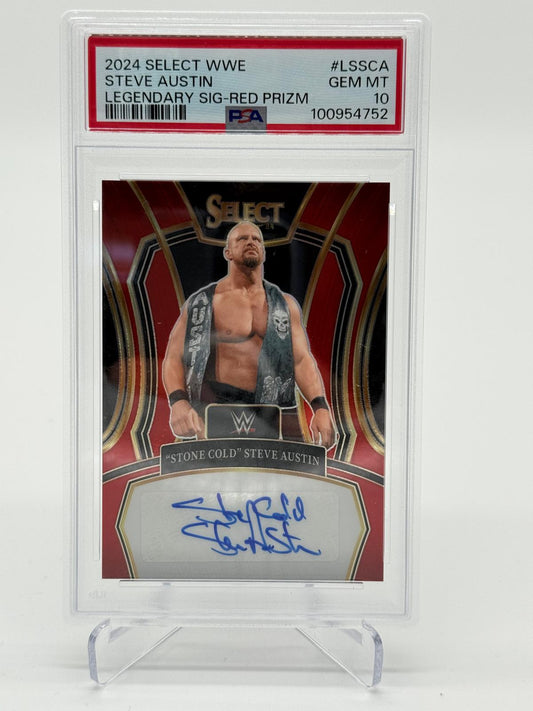 2024 Panini Select WWE Steve Austin Legendary Signature Red Prizm PSA 10