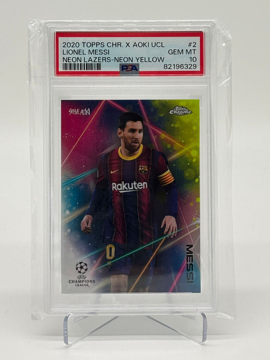 2020 Topps Chrome X Steve Aoki UCL Lionel Messi Neon Lazers Neon Yellow /50 PSA 10