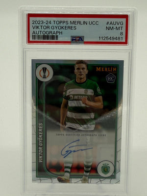 2023-24 Topps Merlin Chrome UCC Viktor Gyökeres RC Auto PSA 8