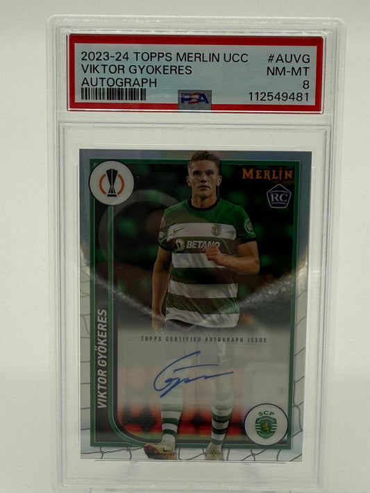 2023-24 Topps Merlin Chrome UCC Viktor Gyökeres RC Auto PSA 8