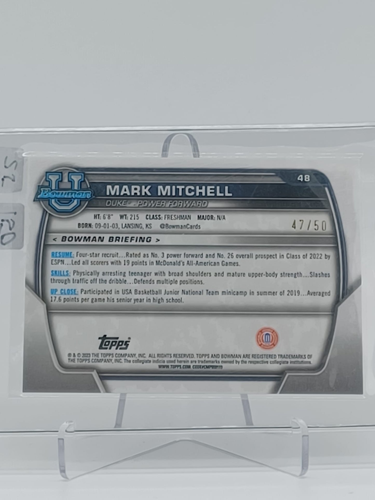 2023 Topps Bowman University Chrome Basketball - Mark Mitchell /50