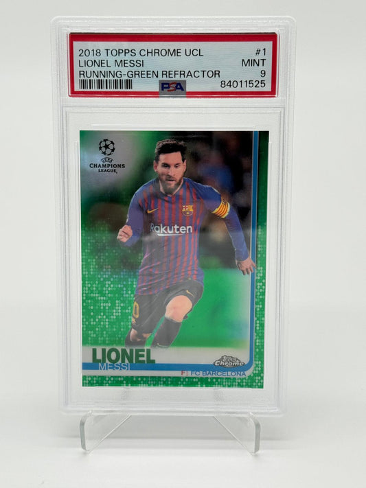 2018 Topps Chrome UCL Lionel Messi /99 Running Green Refractor PSA 9