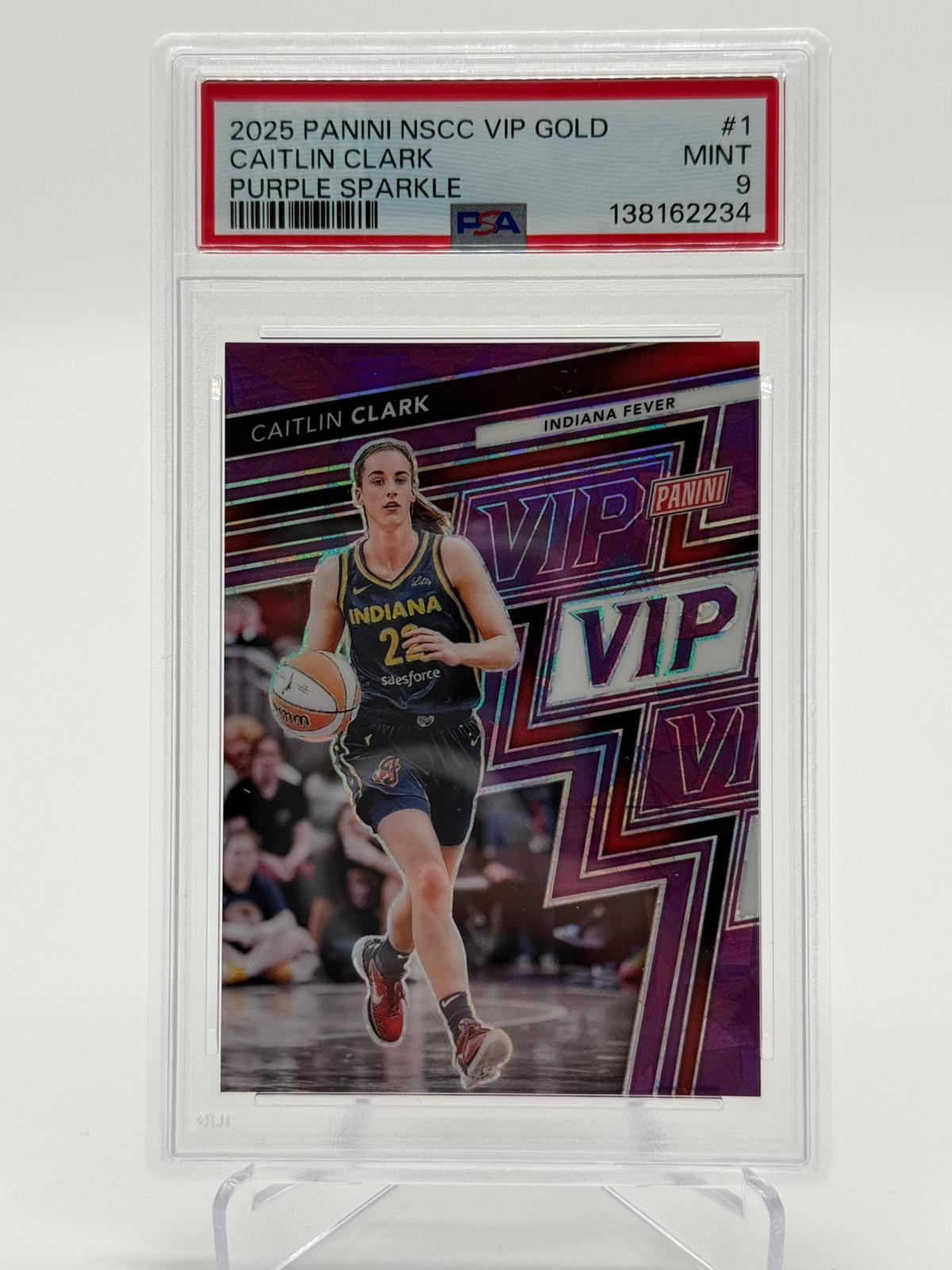 2025 Panini NSCC VIP Gold Caitlin Clark Purple Sparkle 18/50 PSA 9