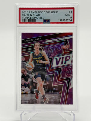 2025 Panini NSCC VIP Gold Caitlin Clark Purple Sparkle 18/50 PSA 9