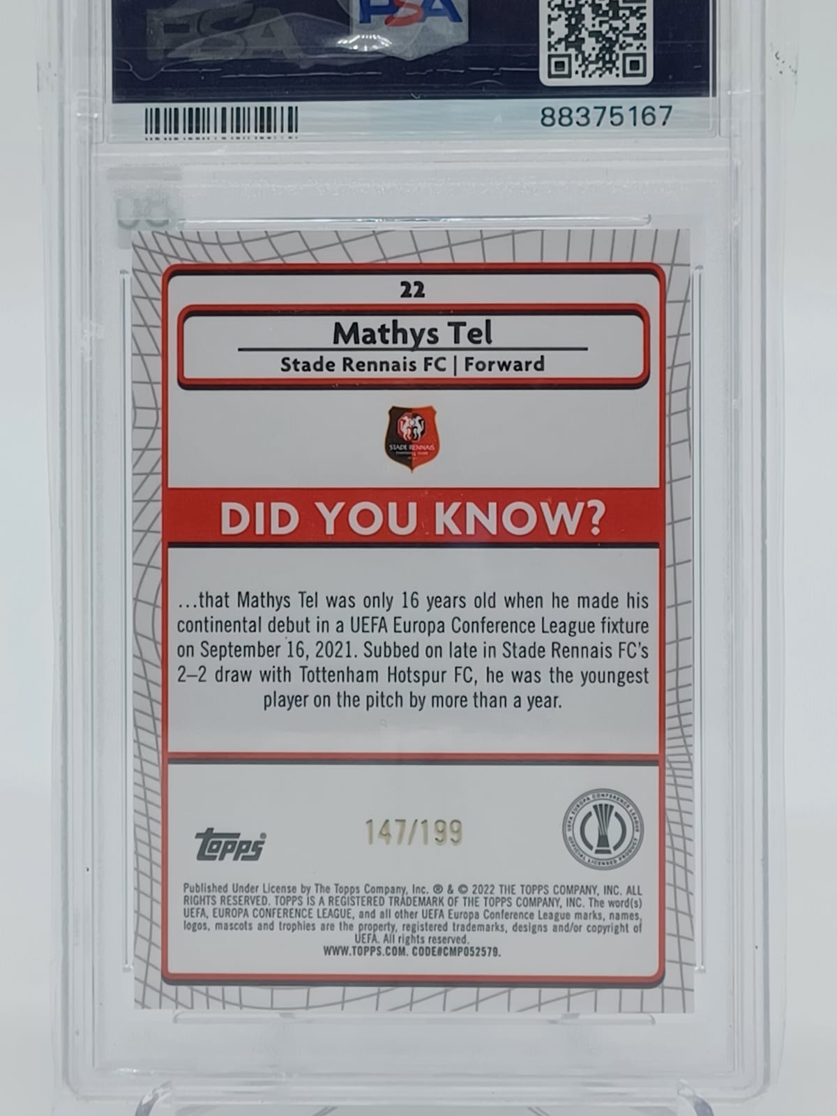 2021-22 Topps Merlin Chrome - Mathys Tel /199 PSA9