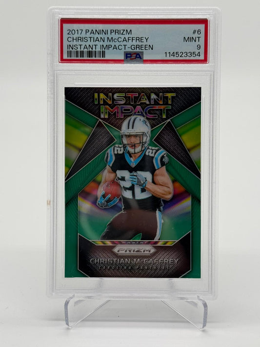 2017 Panini Prizm Christian McCaffrey Instant Impact Green PSA 9