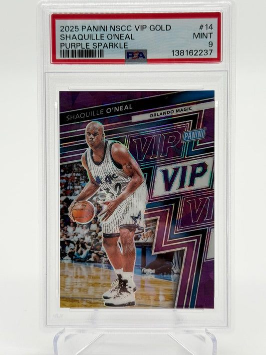 2025 Panini NSCC VIP Gold Shaquille ONeal Purple Sparkle 03/50 PSA 9